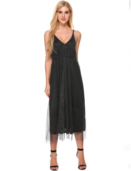 

Black Spaghetti Strap Dot A-Line Net Yarn Maxi Dress, Multicolor