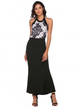 

Black Women Casual Halter Sleeveless Backless Package Hip Fishtail Hem Patchwork Sexy Evening Dress, Multicolor