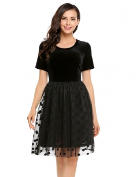 

Black Velvet Patchwork Mesh Bubble Polka Dot Dress, Multicolor
