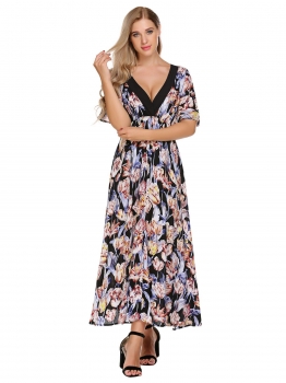 

Black V-Neck Short Sleeve Floral Maxi Dress, Multicolor