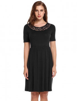 

Black Lace Boat Neck Short Sleeve Fit and Flare Casual Dress, Multicolor