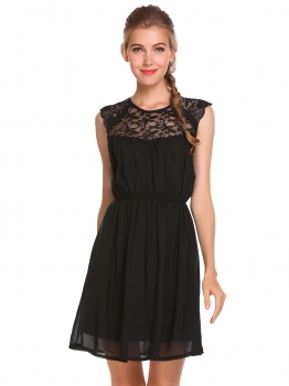 

Black Sleeveless Lace Patchwork Ruched Chiffon Dress, Multicolor