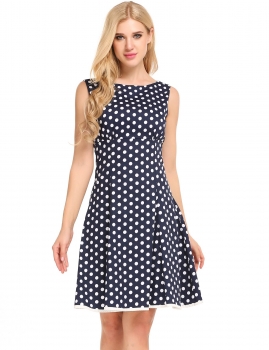 

Navy blue Sleeveless Dot O Neck Vintage Tea Dress, Multicolor