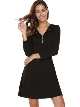 

Black Long Sleeve Solid Zipper Front A-line Dress, Multicolor