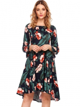 

Navy blue Vintage Long Sleeve Floral Print O Neck High Low Elegant Swing Dress, Multicolor