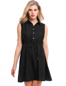 

Black Solid Turn down Collar Drawstring Loose Dress, Multicolor
