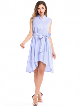 

Light blue Sleeveless Striped V Neck Knee Length Belted Dress, Multicolor