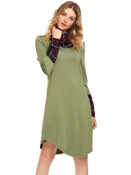 

Army green Long Sleeve Plaid Patchwork Asymmetric Hem Dress with Scarf, Multicolor