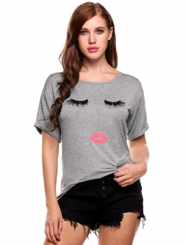 

Gray O-Neck Short Cuffed Sleeve Prints Elastic Pullover T-Shirt, Multicolor