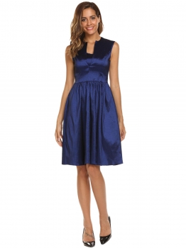 

Blue Sleeveless Solid Zipper Back Fit and Flare Dress, Multicolor