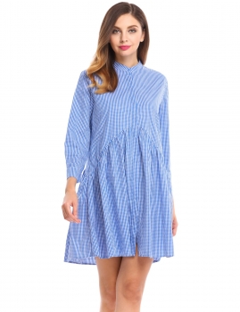 

Blue Plaid Button Down A-Line Short Shirt Dress, Multicolor