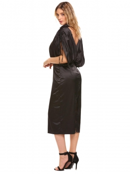 

Black V-Neck Drawstring Sleeve Backless Slit Hem Going Out Dress, Multicolor