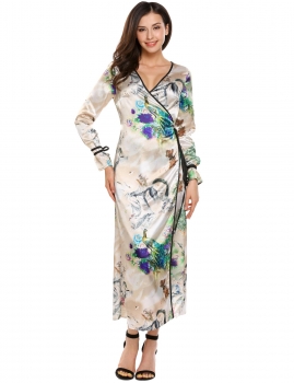 

Khaki Wrap Front V-Neck Long Sleeve Printing Stain Dress, Multicolor