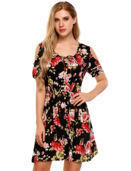 

Black Scoop Collar Cold Shoulder Prints A-Line Dress, Multicolor