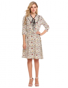 

Beige Floral Print V Neck Stand Collar Tunic Dress, Multicolor