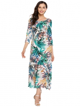 

Green 3"4 Sleeve Printed O Neck Pleated Wave Hem Maxi Dress, Multicolor