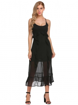 

Black Spaghetti Straps Ruffles Solid Chiffon Maxi Wedding Party Dress, Multicolor