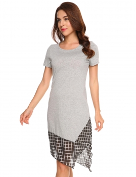 

Grey Short Sleeve Plaid Chiffon Patchwork Asymmetrical Dress, Multicolor