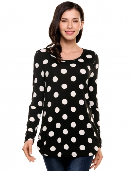 

Black O-Neck Long Sleeve Dot Circular Arc Hem Pullover Elastic Knit Top, Multicolor