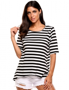 

Black Stripes Elastic Back Cross Split Asymmetrical Hem Pullover T-Shirt, Multicolor