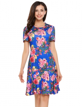 

Blue O-Neck Short Sleeve Floral Ruffled Hem Dress, Multicolor