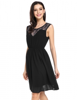 

Black Sleeveless Floral Lace Chiffon Casual Pleated Dress, Multicolor