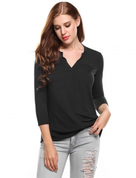 

Black Women Notch Neck 3"4 Sleeve Solid Loose Fit Casual Blouse, Multicolor