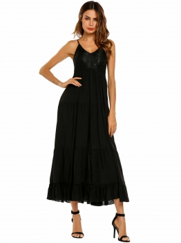 

Black Spaghetti Strap Sleeveless Lace Patchwork Maxi Dress, Multicolor