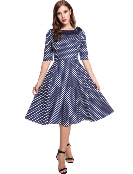 

Blue Vintage Styles Doll Collar Half Sleeve Dot Bow Casual Dress, Multicolor