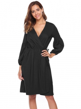 

Black V-Neck Long Lantern Sleeve Solid Drawstring Waist Dress, Multicolor