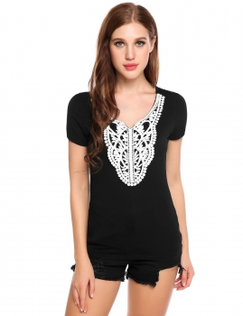 

Black V-Neck Short Sleeve Lace Patchwork Slim Fit T-Shirt, Multicolor