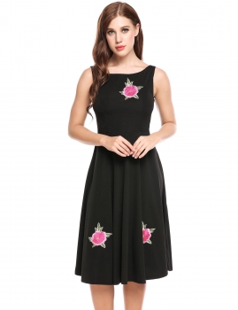 

Black Vintage Floral Embroidery Elastic A-Line Pleated Hem Dress, Multicolor