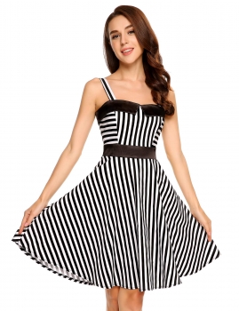 

Black white Spaghetti Strap Stripes Vintage Swing Dress, Multicolor