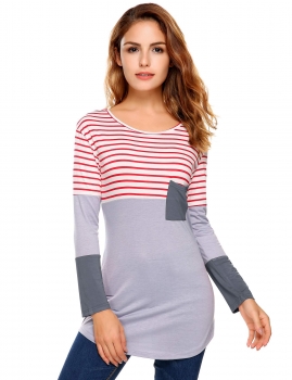 

Gray O-Neck Long Sleeve Striped Patchwork Elastic T-Shirt, Multicolor