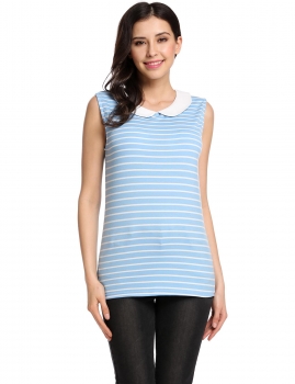 

Blue Peter Pan Collar Sleeveless Stripes Back Hollow Out Elastic Tank Tops, Multicolor