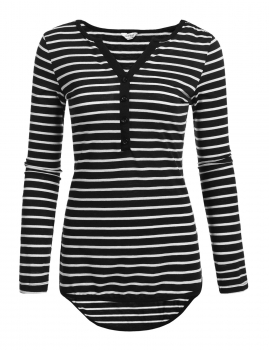 

Black Long Sleeve Striped Button Asymmetrical Hem Tops, Multicolor