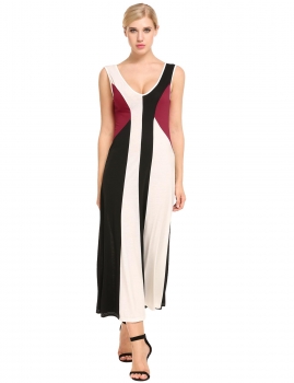 

Black V-Neck Sleeveless Patchwork Elastic Pleated Hem Maxi Dress, Multicolor