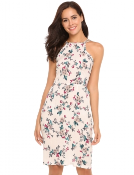 

Beige Sleeveless Floral Print Pencil Bodycon Dress, Multicolor