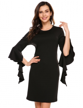 

Black 3"4 Ruffles Sleeve Solid O Neck Sheath Dress, Multicolor