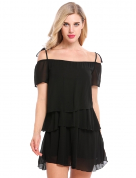 

Black Short Sleeve Solid Ruffles Loose Dress, Multicolor