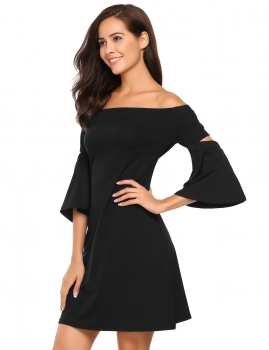 

Black Split Bell Sleeve Solid Off the Shoulder A-Line Dress, Multicolor