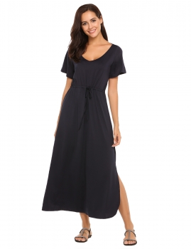 

Navy blue Solid V-Neck Short Sleeve Side Slit Maxi Dress, Multicolor