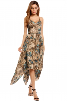 

Brown Spaghetti Strap Prints Asymmetrical Hem Dress with Lining, Multicolor