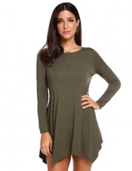 

Army green Solid Loose Asymmetry Hem O-Neck Long Sleeve Tunic Tops, Multicolor