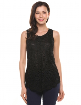 

Black Lace Patchwork Asymmetrical Hem Slim Tank Tops with Lining, Multicolor