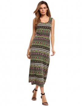 

Green Sleeveless Geometric Printing Maxi Dress, Multicolor