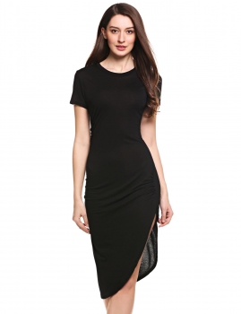 

Black Short Sleeve Ruched Asymmetrical T-Shirt Dress, Multicolor