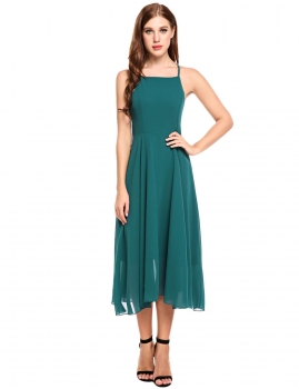

Green Sleeveless Cross Back Strap Backless Flared Chiffon Going Out Dress, Multicolor
