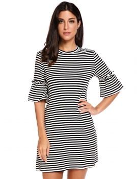 

Black Flare Half Sleeve Striped A-Line T-Shirt Casual Dress, Multicolor