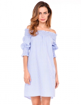

Blue Off The Shoulder 3"4 Sleeve Plaid Short Dress, Multicolor